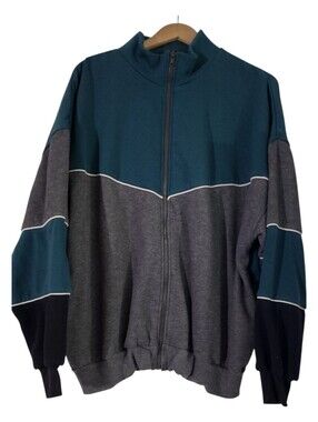 Vintage Men's Full-Zip Colorblock Sweater Jacket - Teal & Gray